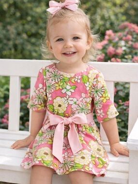 Lilly Pulitzer Girls 2T Pink & Green Floral Belted Terry Cloth Dress